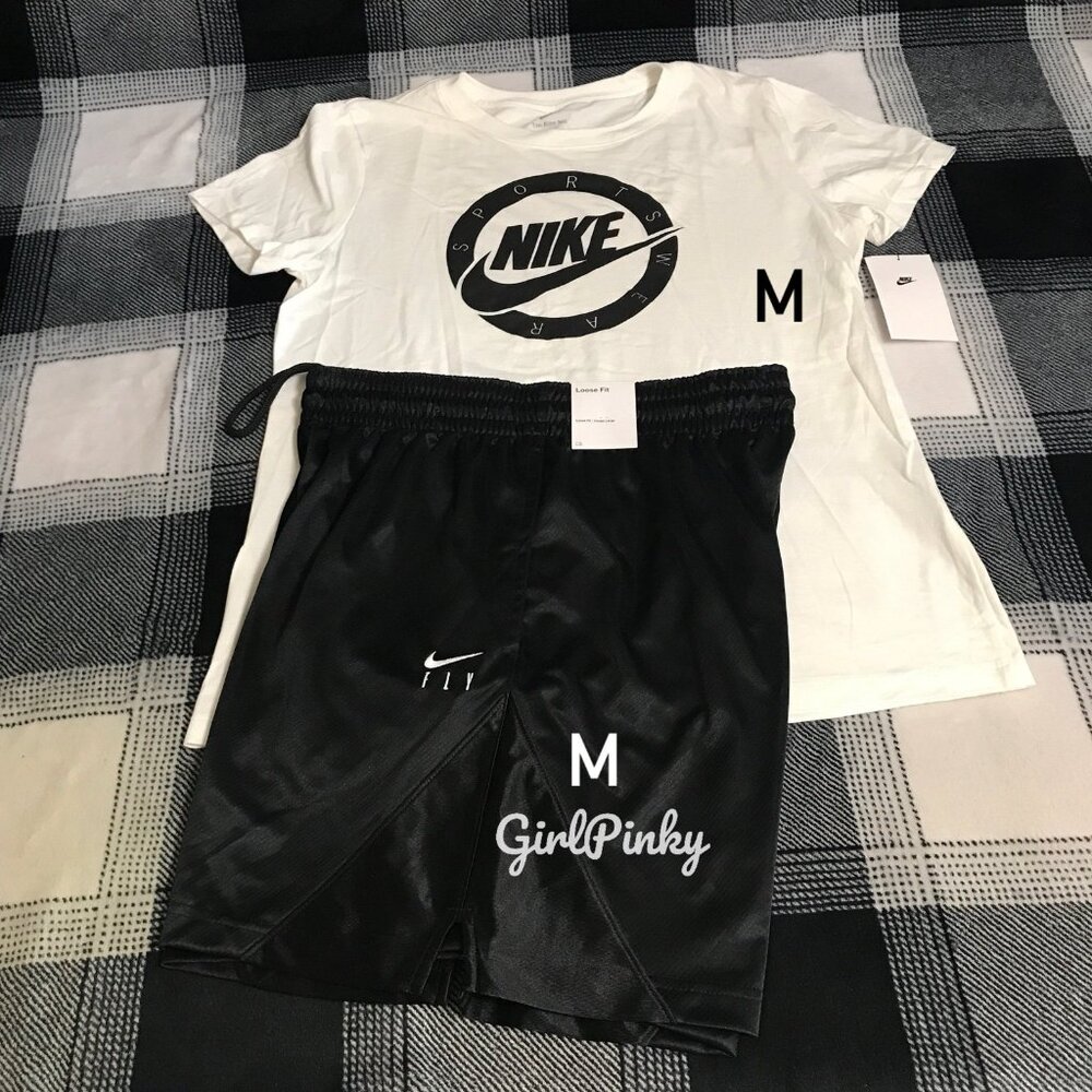 Nike FLY WOMEN’S BLACK SHORTS WITH WHITE TEE WITH BLACK LOGO SIZE MEDIUM